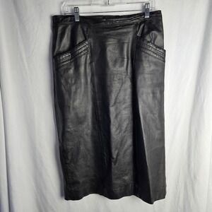Vintage 80s Diana Marco Pencil Midi Skirt Black Leather Zip Lined 14W Retro Glam